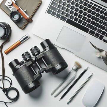 Binoculars lying on the desktop near the computer on a white background. Top view, flat lay