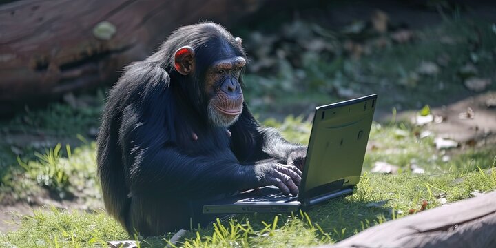 Chimpanzee working on a laptop computer in an office cubicle
