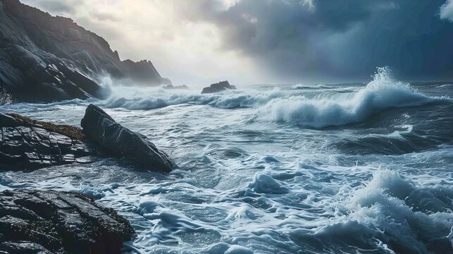 The image showcases a dramatic and moody seascape with turbulent ocean waves crashing against dark, jagged rocks. The sky is overcast with the sun breaking through the clouds, providing a subtle illum