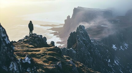 A person stands on the edge of a cliff overlooking a rugged coastline. The terrain is mountainous with rocks and sparse grass. It is either dawn or dusk, as the light is soft and golden, casting long  - Powered by Adobe