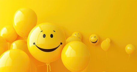 Yellow balloons with smiles drawn on a yellow background, yellow day concept - obrazy, fototapety, plakaty