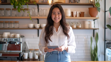 young woman with a friendly smile, holding a tablet and standing in a modern kitchen or coffee shop.