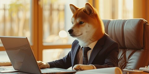 Shiba Inu doge wearing a suit working on a laptop computer in an office cubicle - obrazy, fototapety, plakaty