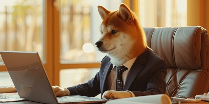 Shiba Inu doge wearing a suit working on a laptop computer in an office cubicle