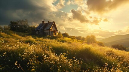 A picturesque scene of a countryside landscape during sunset or sunrise. There is an old, rustic house with a sloping roof and a chimney, partially covered by lush greenery and surrounded by a field o