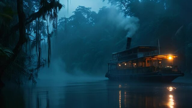 A steamboat on a river of a foggy rainforest landscape animation