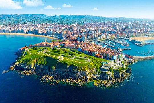 Aerial view of the city of Gijon in Asturias, Spain