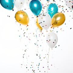 Colorful metallic balloons with confetti isolated on white background