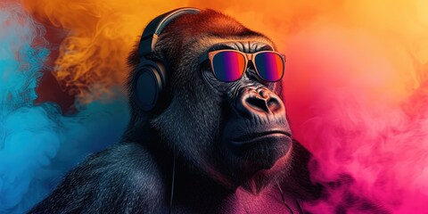 Gorilla wearing sunglasses and headphones on colorful background for summer music and podcasting...