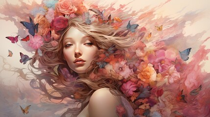 Spring concept, young girl on background with floral edges, realistic watercolor style, pink blue,