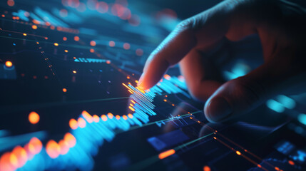 person interacting with a futuristic, digital interface with glowing screens and transparent elements, indicative of advanced data analysis or technology.