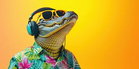Poster Alligator wearing sunglasses and headphones on colorful background for summer music and podcasting concept © Brian