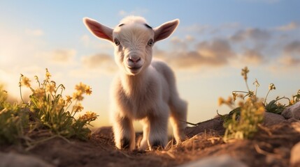 the innocence of a baby goat exploring its surroundings, the playful antics and gentle curiosity captured in a heartwarming moment - obrazy, fototapety, plakaty