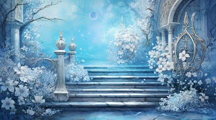 Fantasy painting of a luxury garden, matt azure blue grunge background with shiny silver metallic baroque decorations,