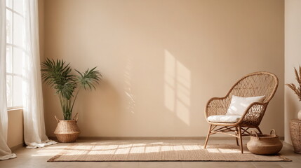 A cozy room with a wicker armchair, a pillow and a potted plant bathed in the soft light of the morning sun.