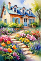Fototapeta na wymiar A vivid watercolor painting of a picturesque villa surrounded by a lush, blooming garden, creating a serene and inviting atmosphere.