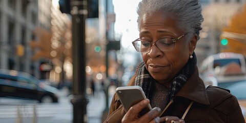 Older black woman using smartphone texting and social media while wandering the city. Urban background
