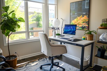 Fototapeta na wymiar A home office setup that balances functionality and style, featuring a standing desk, ergonomic chair, and motivational art