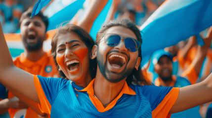 Cheering fans at a cricket match - obrazy, fototapety, plakaty