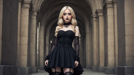 An ethereal goth woman exudes vintage allure and modern mystique as she poses with confidence and poise against the backdrop of a grand and opulent Victorian-style corridor.