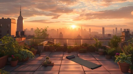 A rooftop terrace garden at sunrise, complete with a yoga mat, potted plants, and a breathtaking city skyline view