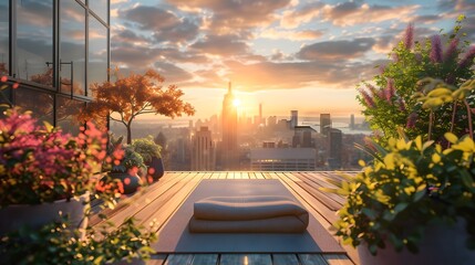 A rooftop terrace garden at sunrise, complete with a yoga mat, potted plants, and a breathtaking city skyline view - Powered by Adobe