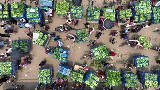 Vibrant colors and bustling activity of Bangladesh's wholesale mango market from an aerial perspective. Witness the trade and commerce of fresh, ripe tropical fruit in this bustling marketplace