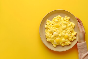 Female hand holding a plate with tasty scrambled eggs isolated on colorful yellow background. Copy space