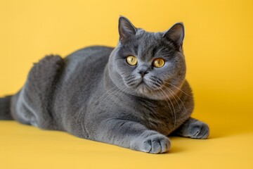 Beautiful british shorthair cat with funny expression on yellow background. Copy space