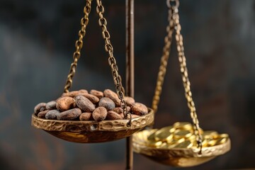 scales, cocoa beans on one bowl, gold coins on the other