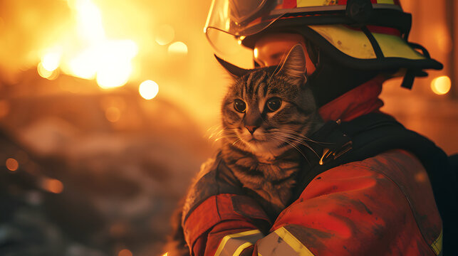 A firefighter securely cradles a rescued cat in their arms, providing a safe haven from the raging flames in the backdrop