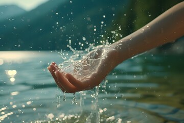 Closeup of woman's hand holding fresh water splashing in the lake