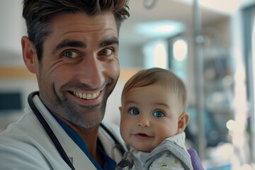 smiling male doctor with baby at hospital or medical clinic and looking at camera