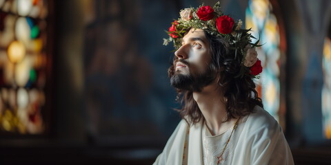 Photorealistic portrait of Jesus Christ with a flower crown on his head in a church. Banner with space for text