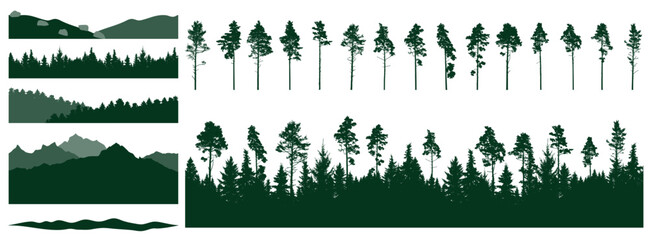 Set of forest element, pine trees, beautiful landscapes. Creation of beautiful woodland, constructor.  Vector illustration