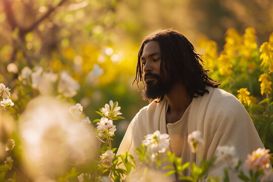 Photorealistic portrait of an African American Jesus Christ in a spring garden. With space for text