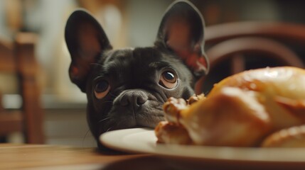 Funny photograph of a cute French bulldog near a roast chicken served on a plate on the dining table, the dog is planning a daring coup and assessing the risks, lovely eyes and look of the tempted pet - obrazy, fototapety, plakaty
