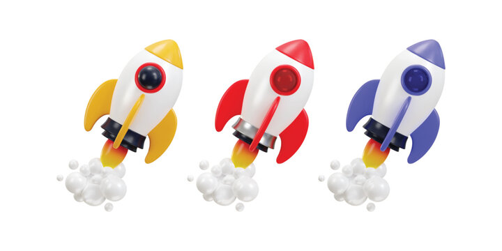 flying space rocket with spewing smoke spaceship launch 3d rendering icon vector illustration set