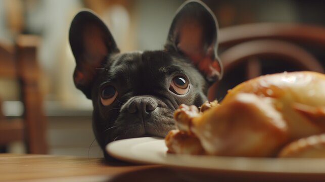 Funny photograph of a cute French bulldog near a roast chicken served on a plate on the dining table, the dog is planning a daring coup and assessing the risks, lovely eyes and look of the tempted pet