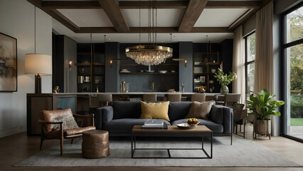 stylish and elegant modern living room interior with comfortable furniture, decorative plants, and cozy lamps creating a bright, fashionable, and inviting home decor space.