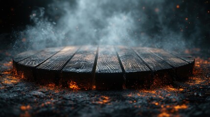 Mystical Wooden Surface with Glowing Embers - obrazy, fototapety, plakaty