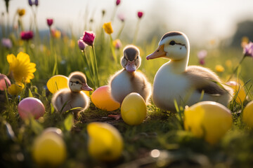 Spring flowers background. Happy Easter ducklings and eggs - obrazy, fototapety, plakaty