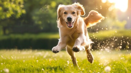 Cute golden retriever running happily in a park or garden in the spring or summer light, green color blurred background, a pet and its owner's enjoying a healthy walk on a nice morning or evening