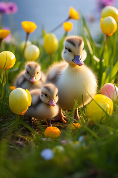 Spring flowers background. Happy Easter ducklings and eggs