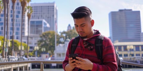 Obraz premium Younger latino man using smartphone texting and social media while wandering the city. Urban background