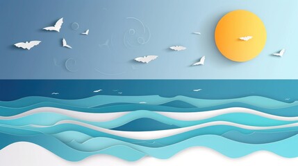 Fototapeta na wymiar Blue sea and beach summer banner background with abstract ripple paper cut style