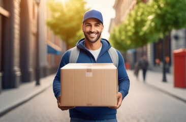 Smiling caucasian delivery man in blue cap holding a cardboard box on city street background - obrazy, fototapety, plakaty