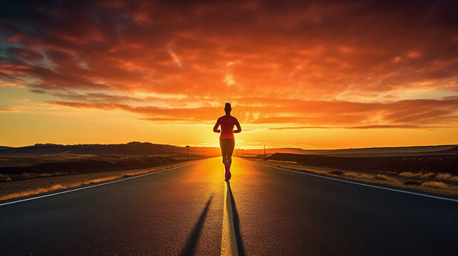 Silhouette of runner in sportswear on empty road at sunset. 
