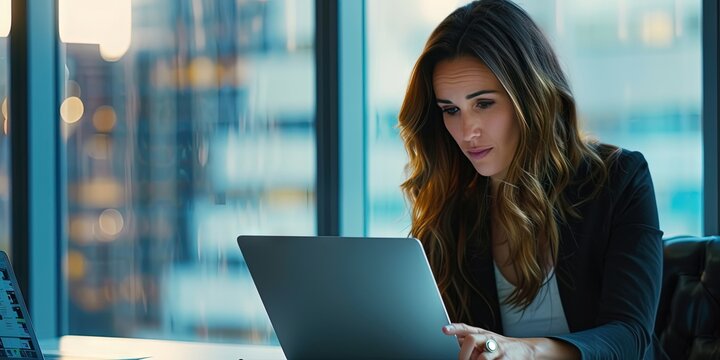 Woman business executive working on laptop computer in a modern office