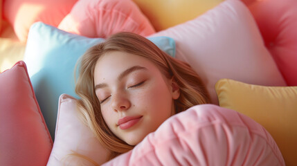 Young woman sleep surrounded by a pile of pillows on a pink pastel background. Creative concept for mattress and pillow store, orthopedic sleep products